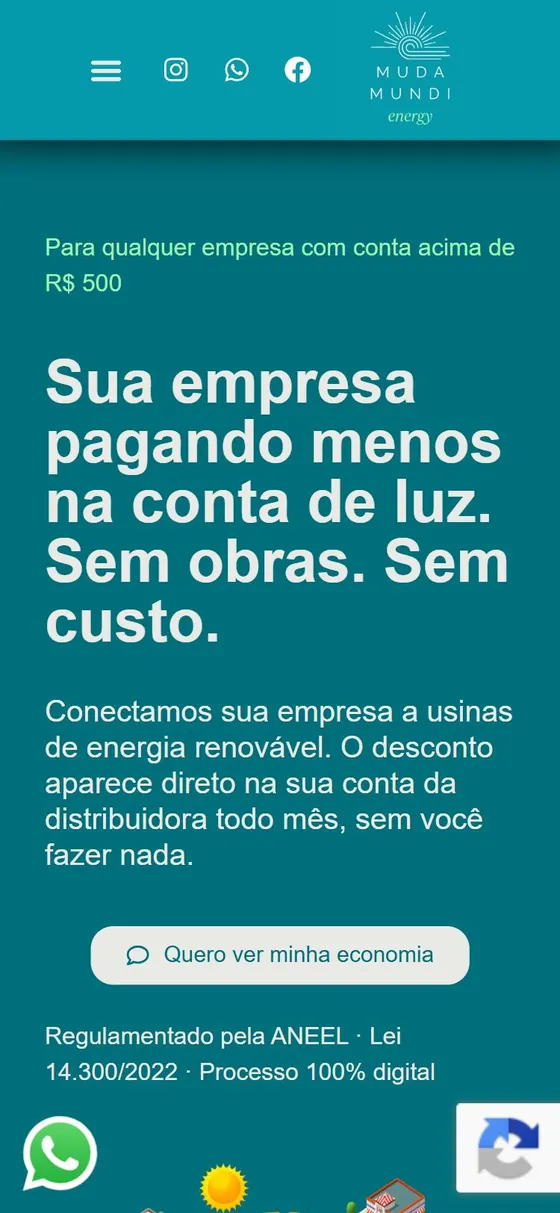 Tela inicial do site Muda Mundi Energy no celular
