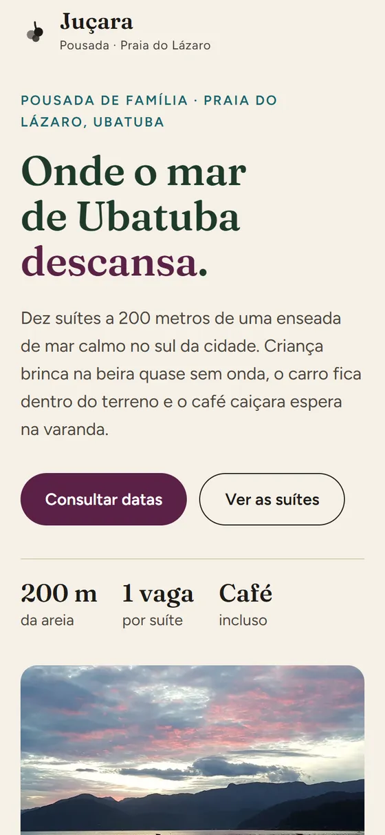 Tela inicial do site Pousada Juçara no celular